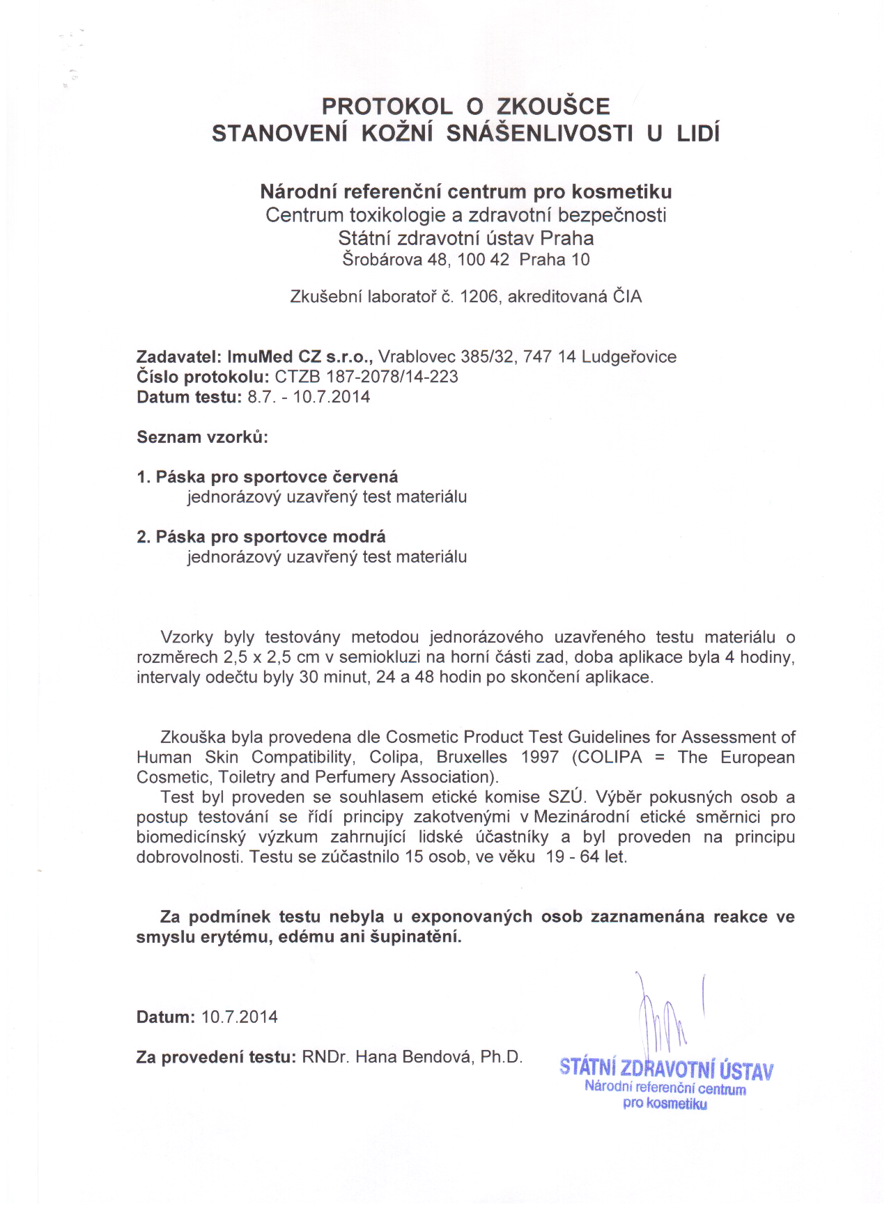Protokol o zkoušce kožní snášenlivosti Tape