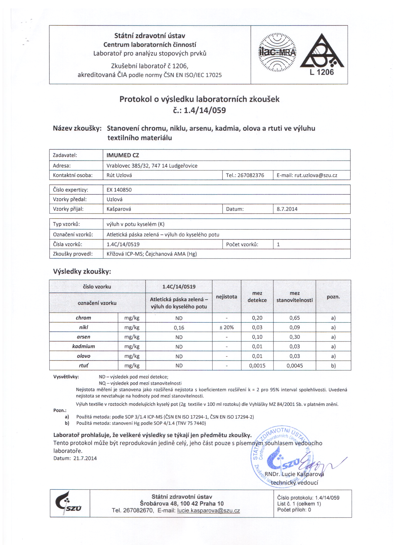 Protokol výsledků laboratorních zkoušek Tape